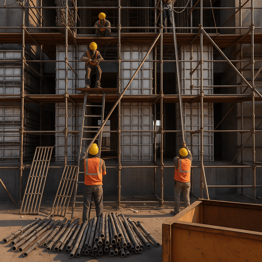 Rental scaffolding structures assembled on site