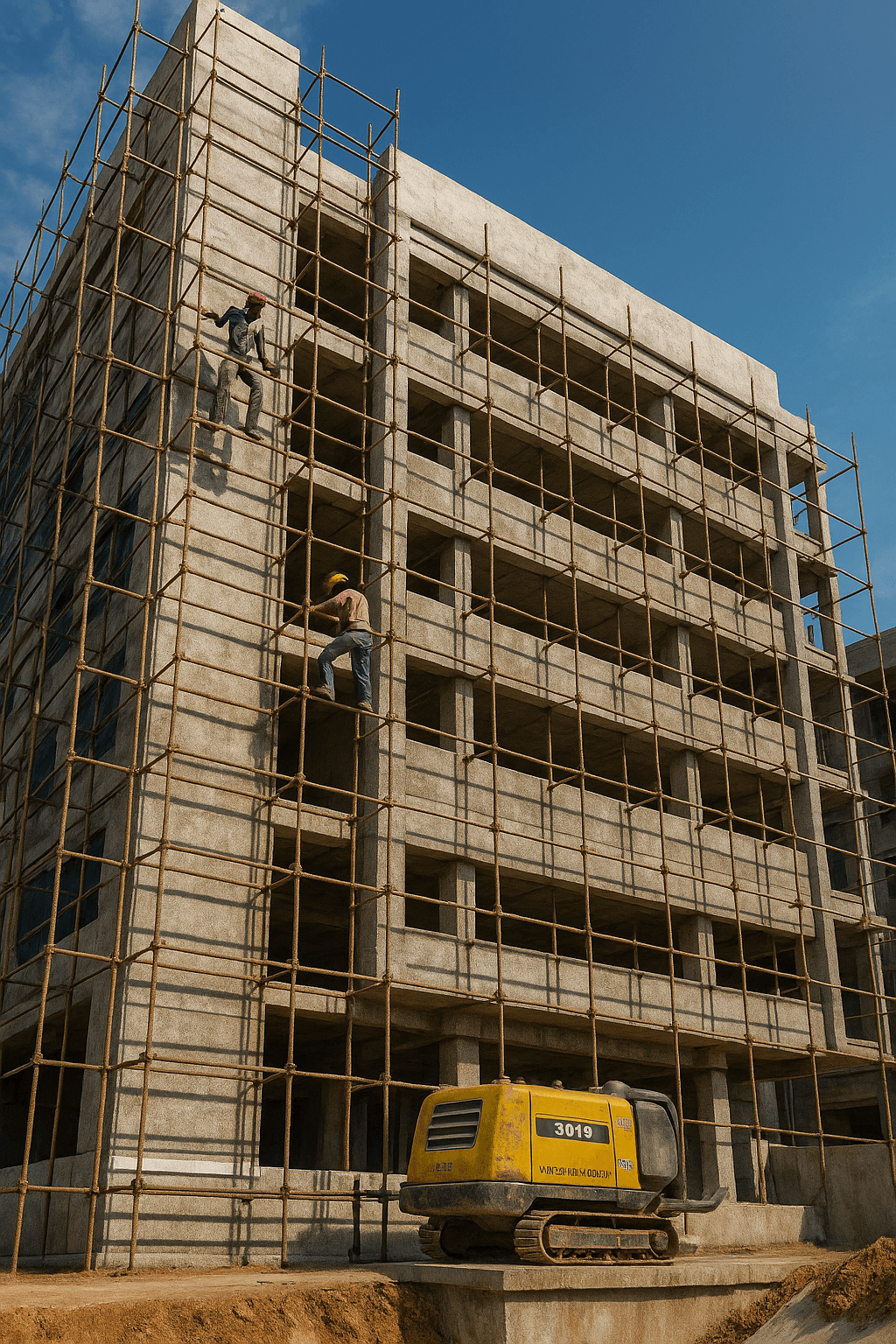 Workers setting up mobile scaffolding